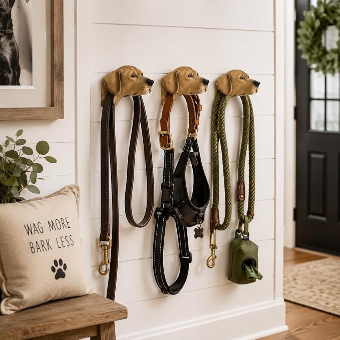 Wowser Labrador Retriever Leash Hangers, Set of 3 – Realistic Dog Wall Hooks for Leashes, Collars, Harnesses, Keys & Pet Accessories, Decorative Labrador Wall Decor for Entryway, Mudroom & Home
