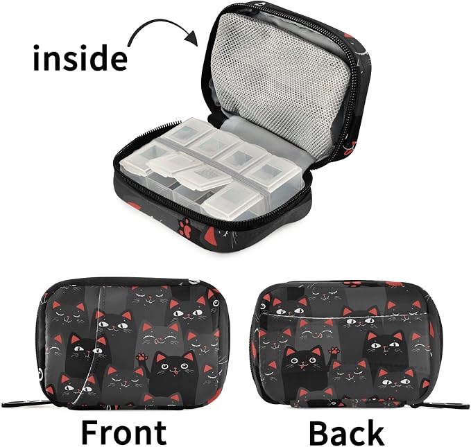 Black and Grey Cats Pill Box 7 Day Pill Case Travel Pill Organizer Bag with Zipper Portable Weekly Case Compact Size for Vitamin Supplement Holder