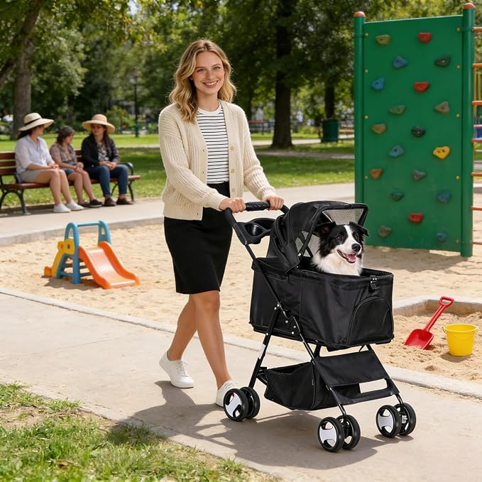 ZENY Pet Stroller, 3 in1 Foldable Dog Cat Jogger Stroller with 4 Wheels | Detachable Basket and Cup Holder, Travel Folding Carrier for Small/Medium Pet (Black)
