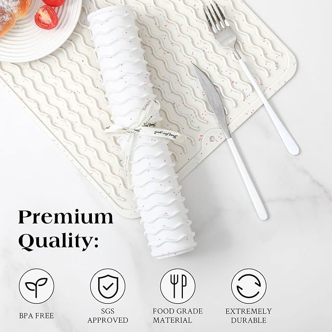CAKETIME 2 Pack Multicolor Silicone Dish Drying Mat for Kitchen Counter Heat Resistant Hot Pads Dishes Waterproof Under Sink Protector Coffee Bar Accessories Women Gifts Extra Large 18"x16" White