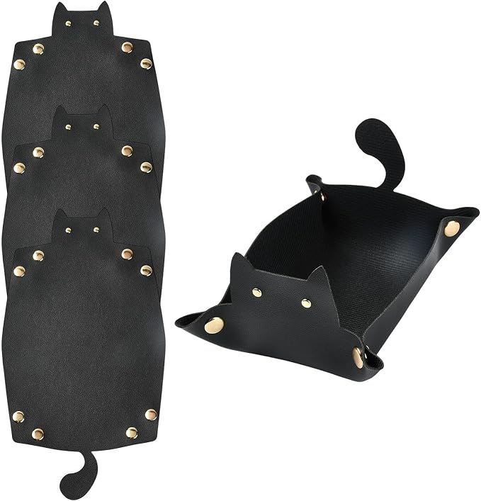 Craftdady 4 PCS Foldable Cat-Shaped Valet Tray Black Leather Catch All Tray