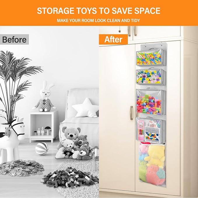 Over Door Organizer and Storage, Hanging Toy Holder with Removable Pouches | Toddler Room Wall Stuffed Animal Storage Bag Case, Kids Playroom Closet Back of Door Organization for Building Block, Puzzle