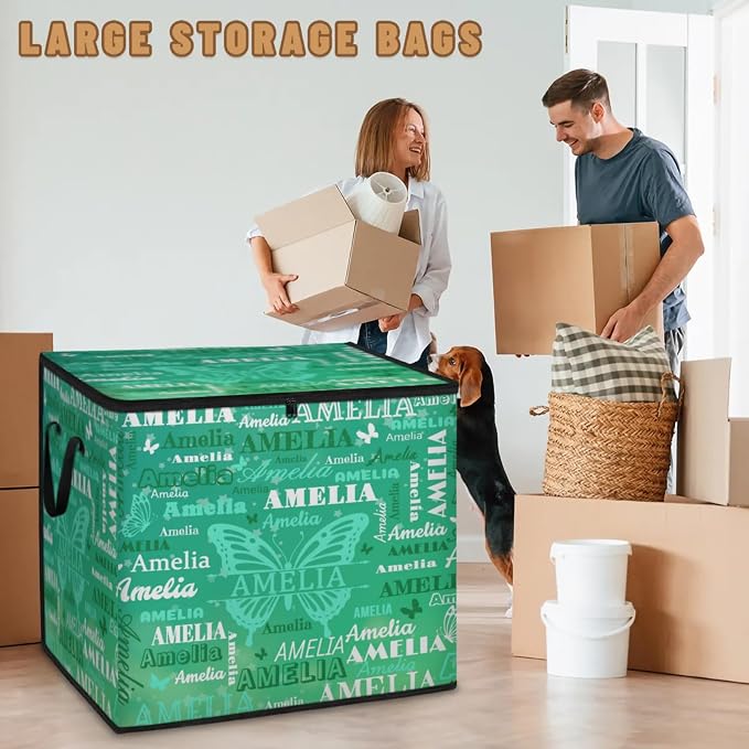Custom Name Large Storage Bin with Lid, Personalized Storage Basket with Zippers for Organizing Comforters, Blankets, Bedding Closet Shelf Baskets, Watercolor Green Butterflies