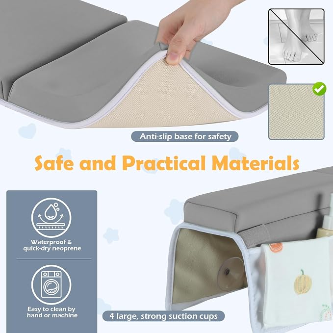 Baby Bath Kneeler and Elbow Rest Pad Set, Gray | 1.5" Thick Soft Memory Foam, Bath Toys Organizer, Non-Slip, Quick-Dry, Foldable, Gift for Parents