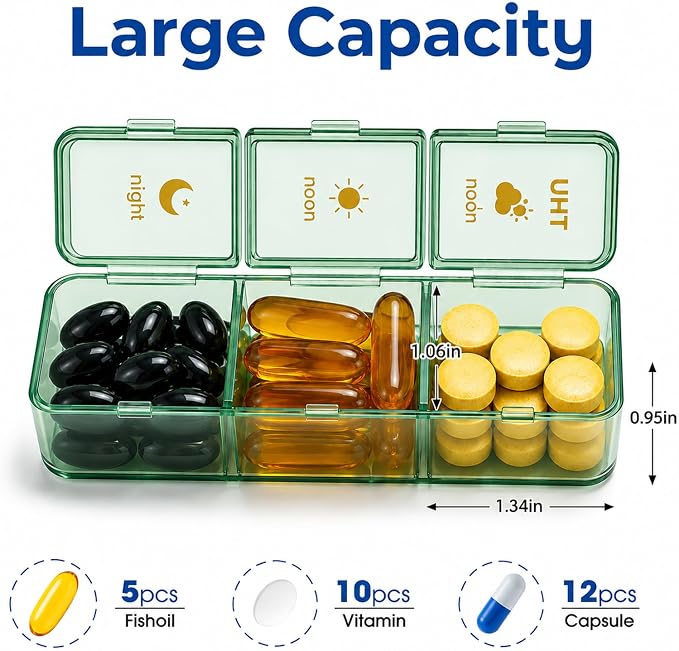 Weekly Pill Organizer 3x a Day - 7 Day Pill Box with 21 Compartments (Morning/Noon/Night), BPA-Free Daily Pill Case, Portable Medicine Organizer for Vitamins, Supplements & Medication【Upgrade】 (Green)