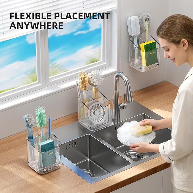 MOPMS Kitchen Sponge Holder with Drip Tray, Sink Caddy Organizer | Clear PET Kitchen Storage Rack Holds Brushes with Removable Divider, Durable Countertop Holder Space-Saving