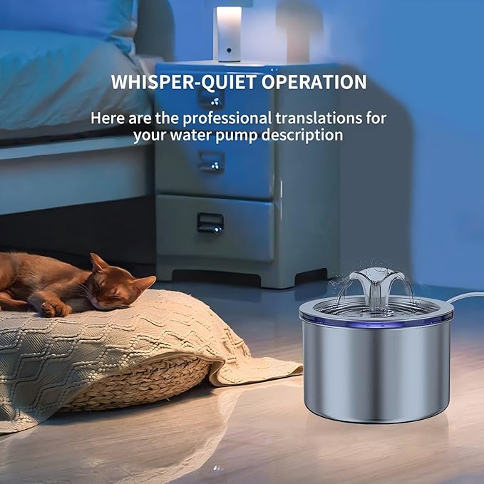 74oz/2.2L Stainless Steel Cat Water Fountain, Automatic Pet Water Dispenser for Cats and Small Dogs, 304 Stainless Steel, Ultra-Quiet Pump, Night Light, Auto Shut-Off for Water Shortage