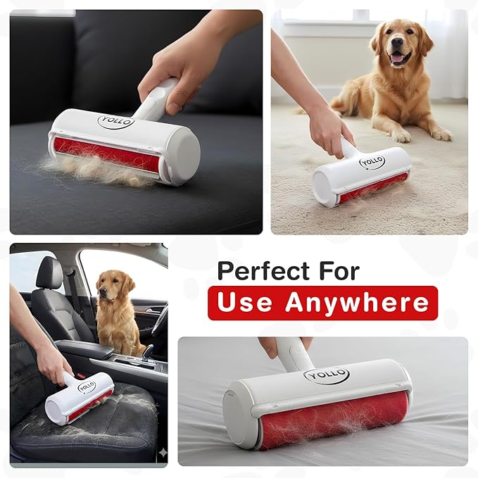 YOLLO Roller Pet Hair Remover – Original Size Reusable Lint Roller for Cat & Dog Hair on Furniture, Couch, Carpet, Car, Rugs & Bedding – Portable, Eco-Friendly (White)