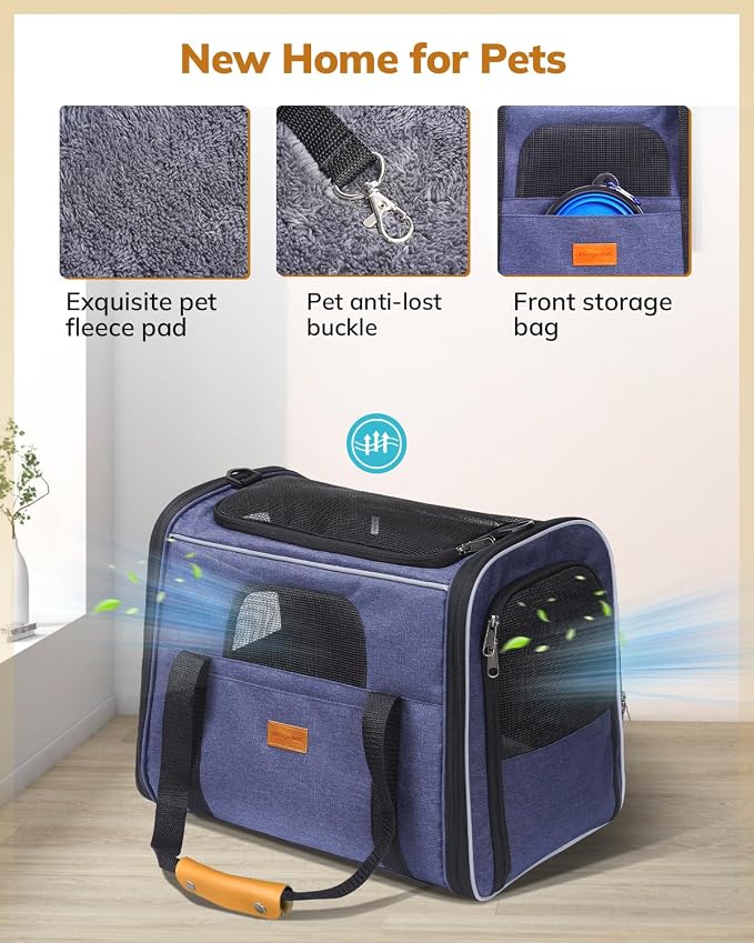 Morpilot Cat Carrier Soft for Large Medium Cats and Puppy up to 18lbs | with Dual-Sided Cushion, Secure Buckle and Foldable Bowl, Dog Carriers for Small Dogs - Pet Carrier (Dark Blue)