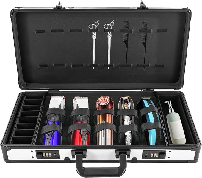 Professional Barber Case, Hair Kit Organizer Box Barber Travel Carry Case for Hair Scissors Tools Hair Stylist Pet Groome, Barber Carrying Cases with Code Lock (White&Black)