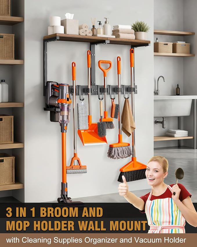 Large Broom Holder Wall Mount with Shelf, Vacuum Organizer, 5 Slots 5 Hooks | Black, 3-In-1 Wall Mount Stores Brooms/Mops/Vacuum, Cleaning Supplies With 5 Grippers/5 Hooks And A Sturdy Wooden Top Shelf