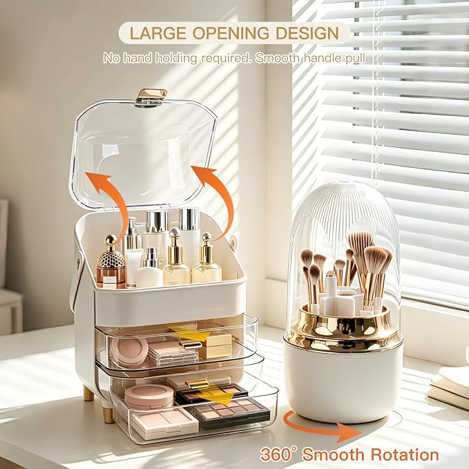 2 Piece Cream Gold Makeup Organizer Set with Dustproof Cover and 3 Drawer Cosmetic Storage Box with Handle for Brushes Perfume Lipstick Skincare Beauty Vanity Countertop Display（Rose Gold）