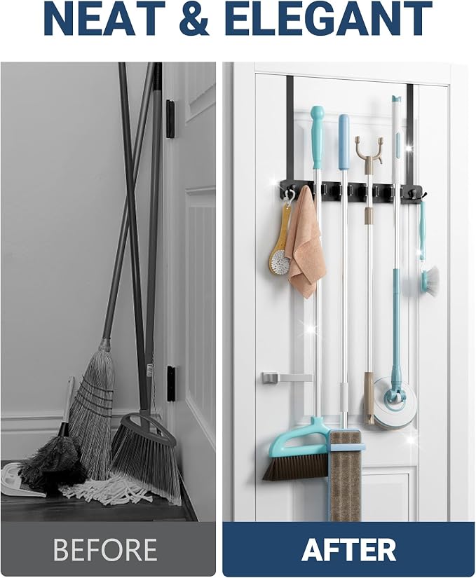 Lorbro Broom Holder Door Mount, Wood Over the Door Broom and Mop Holder | 4 Slots 4 Hooks, No Drill Setup, EVA Protection Pads, Secure Grip, Laundry Garage Closet Kitchen Use, Black