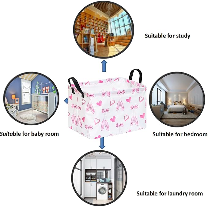 Pink Bow and Heart Storage Basket,Foldable Girls Room Toy Bin with Handles | Foldable basket with coated lining and leather handles for toys,laundry,gifts and girls room organization