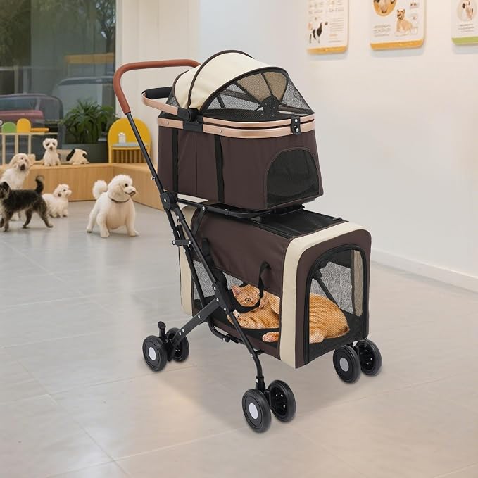 Pet Stroller, Portable Double Pet Stroller Cart with 4 Wheels, Heavy Duty Foldable Dog Cat Supplies, Multifunctional Carrying Storage Cat for Traveling with Pets, Shopping (Coffee Color)