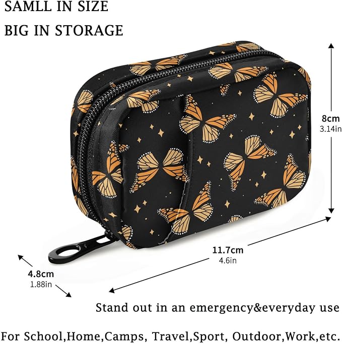 Fustylead Beautiful Monarch Butterflies and Shining Stars Pill Organizer Case with Zipper 2 Times A Day for Vitamin and Supplement, 7 Day Travel Organizer Medicine Case