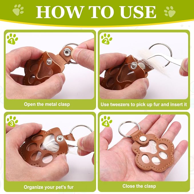 Dog Fur Storage Keychain, Pet Fur Keepsake Keyrings, Paw Shaped, Pet Hair Keepsake Keychains with Tweezers