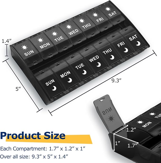 Mossime XL Pill Organizer 2 Times a Day, 7 Day Am Pm Pill Box | 7 Day AM/PM Pill Box, Hinged Lids & Secure Lock, Big Pill Box Holder Twice a Day, For Vitamins, Supplements & Medication