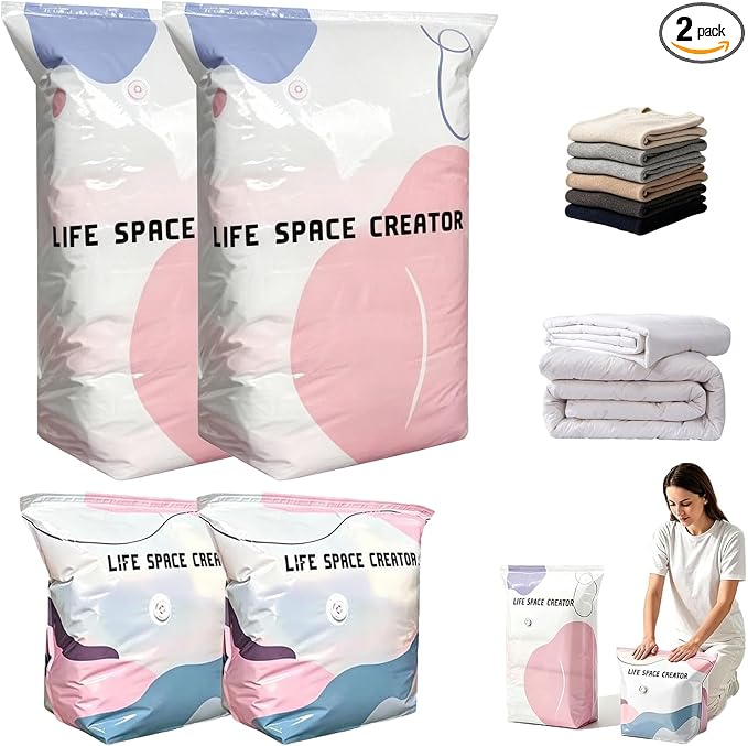 No Pump 3D Vacuum Storage Bags, Moisture and Dust Proof Closet Organizer Storage Bags, Reusable Space Saving Sealable Bags for Clothes, Duvets (2, S+L)