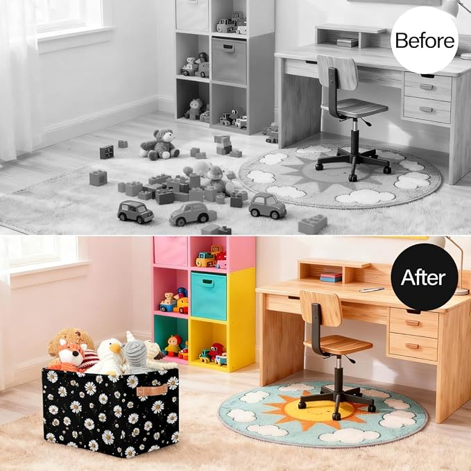 Pardick Storage Baskets Bin, Daisy Flower Black Collapsible Canvas Fabric Storage Bin Decorative Baskets Toy Organizer Rectangle Storage Boxes with handles for Home Shelves Nursery,Q-11