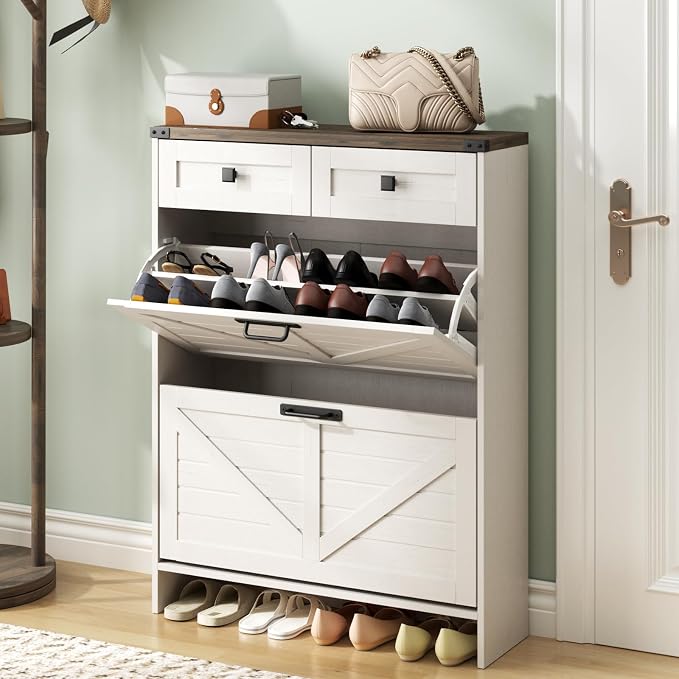 Halitaa Shoe Cabinet with 2 Flip Drawers & 2 Drawers,Farmhouse Shoe Storage Cabinet for Entryway,Slim Freestanding Narrow Organizer Rack for Front Door Entrance,White
