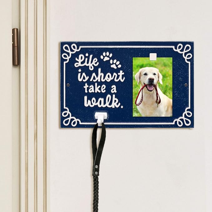 Whitehall Pet Photo Plaque Leash Hook - Cast Aluminum Life is Short Take a Walk Keepsake Animal Paw Print Wall Sign and Leash Holder with Picture Clip - Blue/White