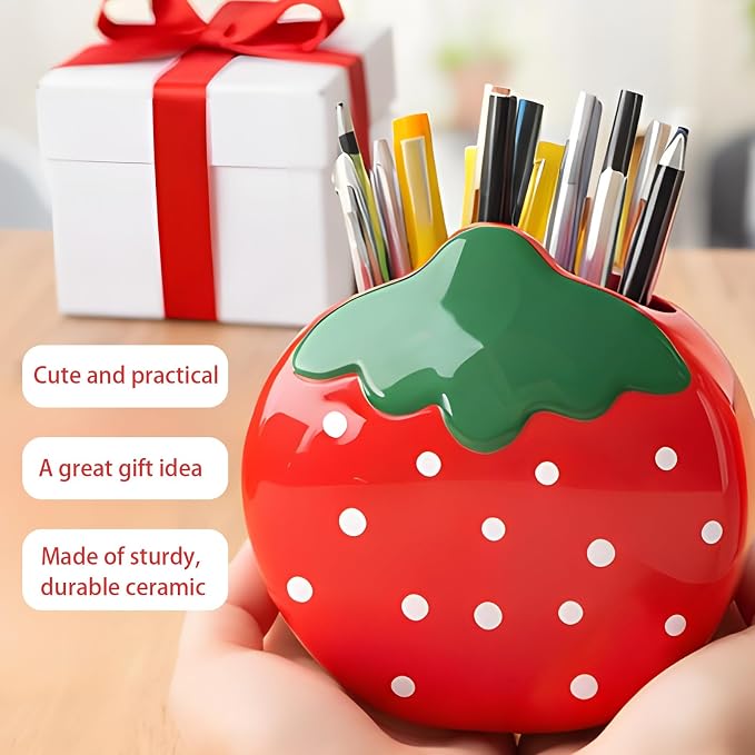 Ceramic Strawberry Shaped Pen Pencil Holder for Desk Decoration Accessories Strawberry Decor Makeup Brush Pen Cups Succulent Plant Pot Office School Ideal Gifts for Women, Mom or Birthdays