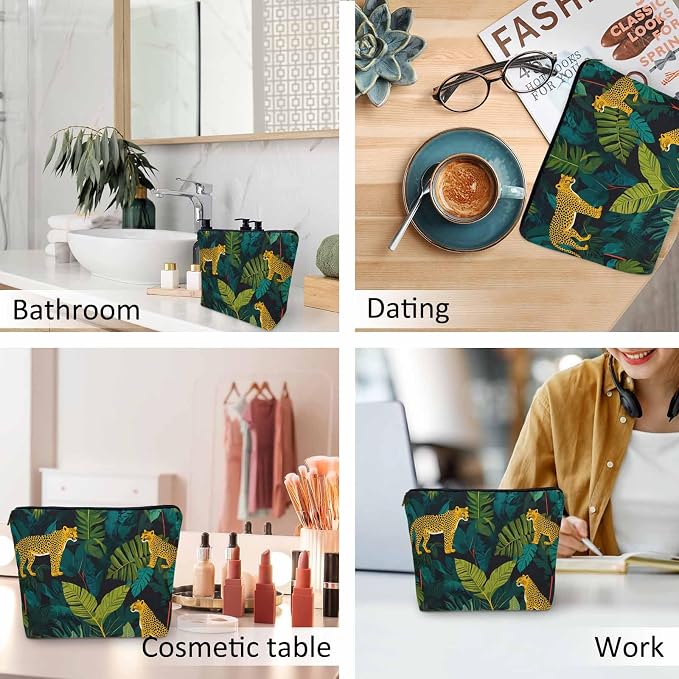 Leopard Cosmetic Travel Bag For Toiletries, Tropical Leaves Leopard Cheetah Makeup Bag Toiletry Bags For Women, Flax Cosmetic Bags Make Up Bag Purse Toiletries Bag Birthday Gift Yellow Green