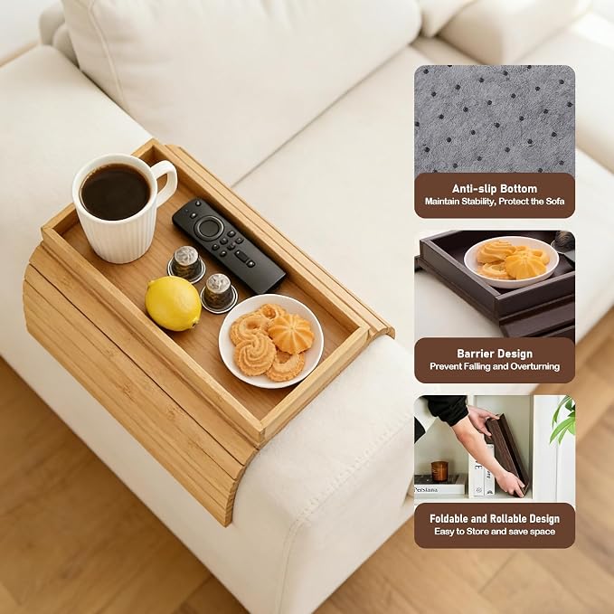Bamboo Sofa Armrest Tray, Foldable Couch Arm Table with Anti-Slip & Waterproof Design, Versatile Sofa Arm Organizer for Drinks, Snacks, Remote Control, Fits Most Sofa Arm Widths (Bamboo)