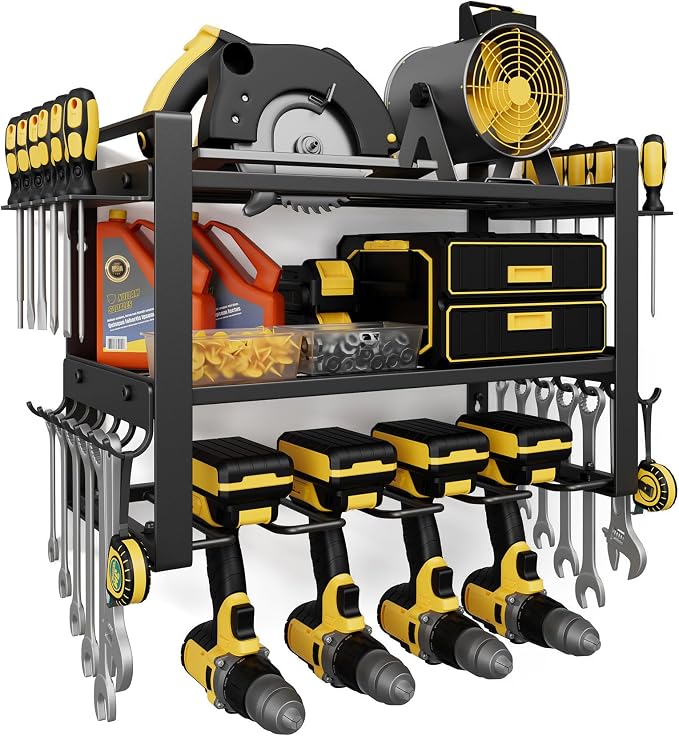Power Tool Organizer Wall Mount, 150LBS Capacity, 3 Tier, 4 Drill Holders | 3-Tube Reinforced Design, Holds 50+ Tools, Cordless Tool Organizer, Rust Resistant, Quick Assembly, Garage Gift for Men