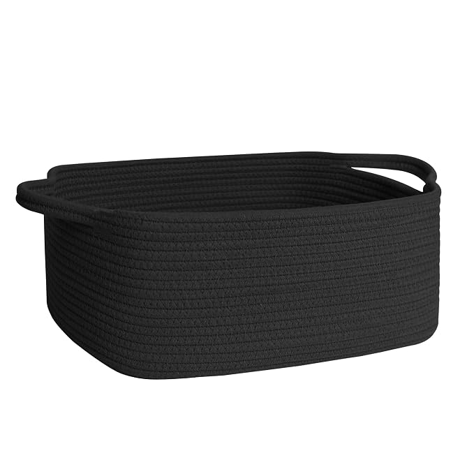 MEGASKET Black Woven Baskets for Organizing, Cotton Rope Baskets for Gifts Empty Medium, Cute Dog Toy Bin Box, Decorative Closet Bathroom Bedroom Storage Organizer, Wicker Black Bin for Towels, Books