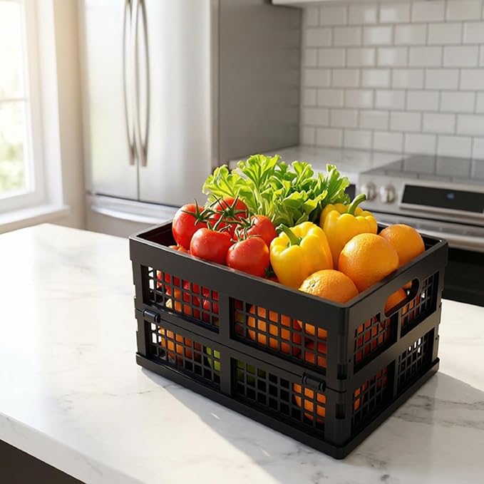 3-Pack 15 L Stackable Storage Baskets, Collapsible Crates, Black | Folding Storage Containers for Organizing Tools, Books, Food, Drinks, Camping & Transport