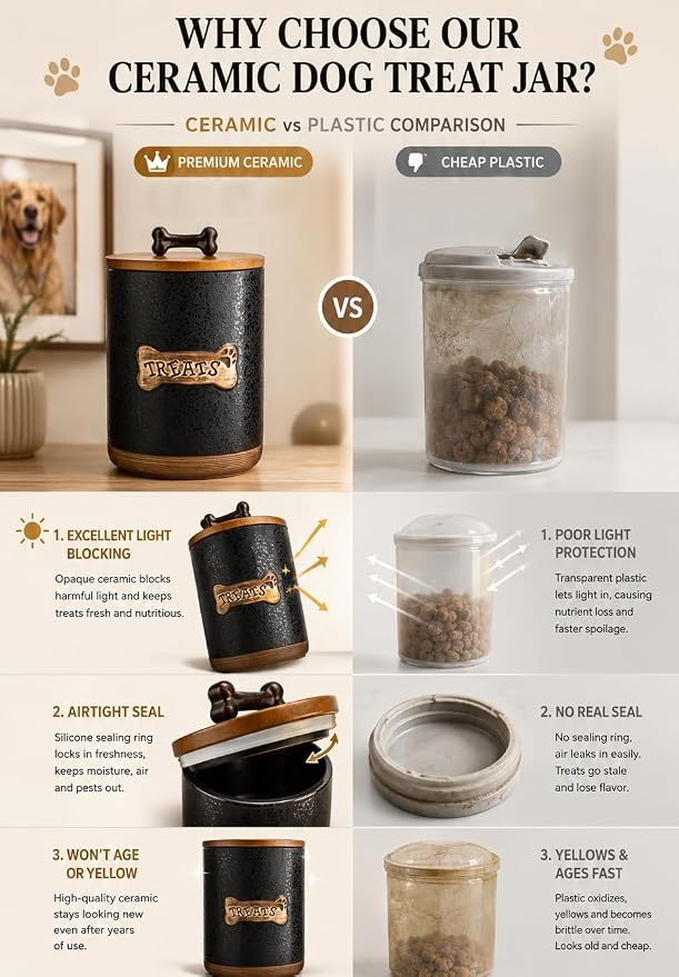 Miamolo Dog Treat Container Jar with Airtight Lid, Keep the Pet Treat Fresh | Ceramic, Cast-iron Handle | Dog Food Storage Canister for Cookie Snack, Kitchen Counter, Dog Lovers Gift, Bone Glinting Black