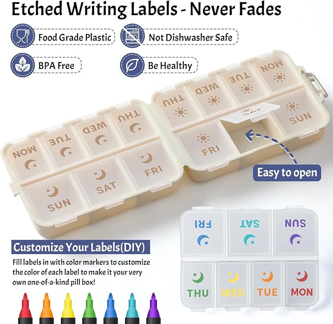 Compact & Foldable Weekly Pill Organizer 2 Time a Day, 7-Day AM PM Pill Box | Large Capacity, Dual Protection, Etched Labels- Week Daily Travel Vitamin Case Holder, Supplement Fish Oil Medicine Dispenser