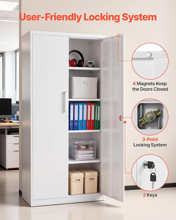 VEVOR Metal Storage Cabinet, Lockable Steel Garage Cabinet with Adjustable Shelves, 2 Magnetic Doors, 2 Keys, 5-Tiers Tool Storage Locker for Home, Office, School, Warehouse, Basement, Laundry, White