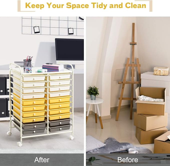 20 Drawer Rolling Storage Cart, Art Cart Organizer with Wheels for Makeup, Tool, Paper, Multipurpose Craft Storage Cart with Drawers for Office, Home, Classroom, Teacher, School (Yellow)