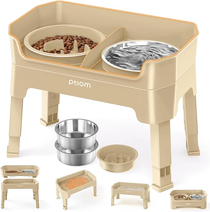 4-in-1 Elevated Dog Bowls with Adjustable Stand, Slow Feeder Licking Plate