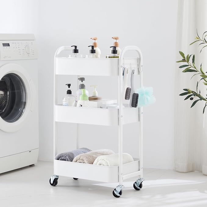 3-Tier Rolling Utility Cart with Caster Wheels,Easy Assembly, White | Easy Assembly, multi-purpose storage trolley for kitchen, rolling cart with smooth caster wheels for bathroom