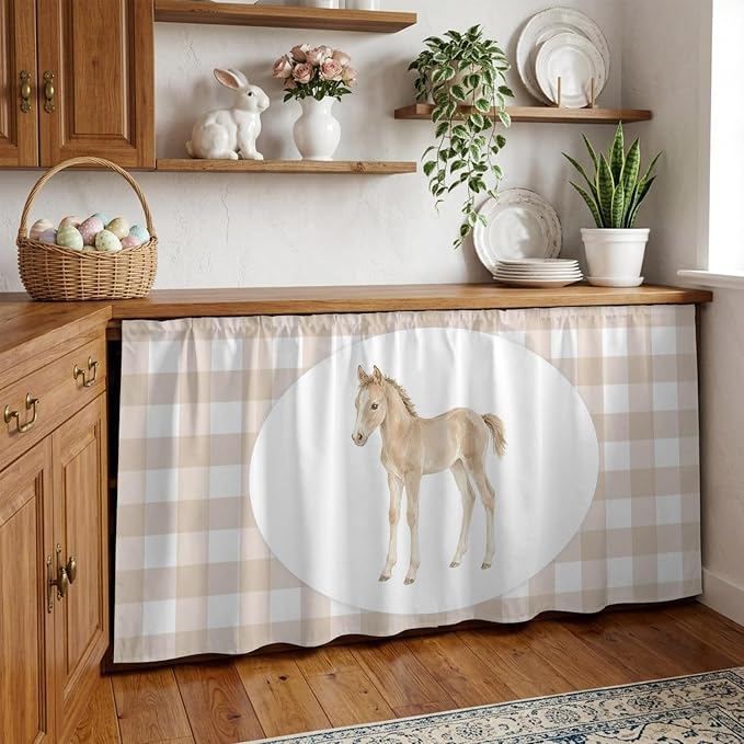 Graceful Pony Cabinet Curtains 28"x51" Sink Skirt for Bathroom Kitchen, Natural Horse Modern Farmhouse Plaid Rustic Self Stick Adhesive Under Desk Covers Tall Laundry Cabinet Storage Organizer