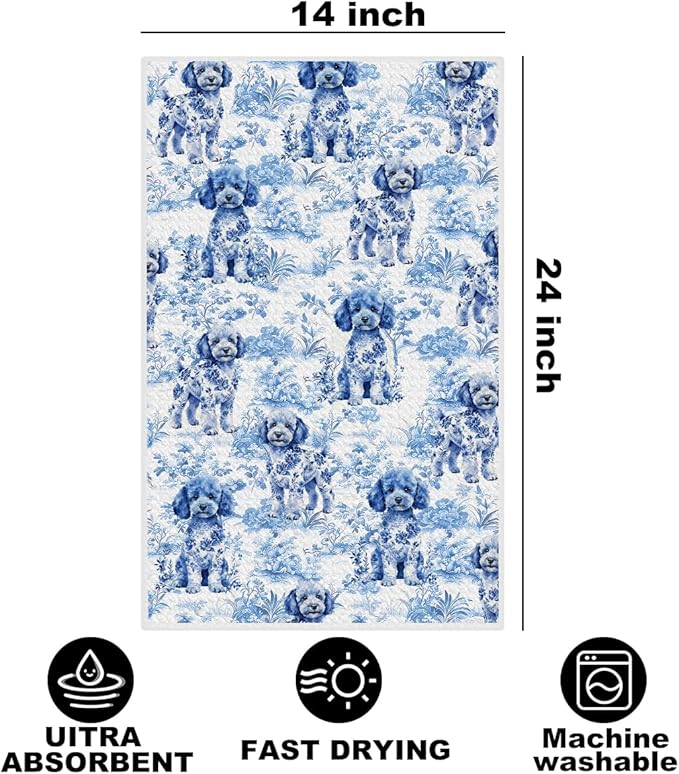 Hanamiya Na Chinoiserie Poodle Kitchen Towels 24x14 Inch, Poodle Gifts Reusable Dish Towels for Kitchen Decor, Blue and White Floral Waffle Weave Botanical Hand Towel, Funny Dog Gifts for Women Mom