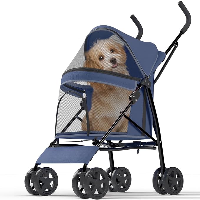 OS MOTOR 4 Wheels Pet Stroller for Small Medium Pets, Navy Blue | Foldable Carrier Jogger, Rear Wheel Breaks, Storage Basket, Visible Mesh Weather Cover, Portable, Dog, Cat, Puppy, Kitty