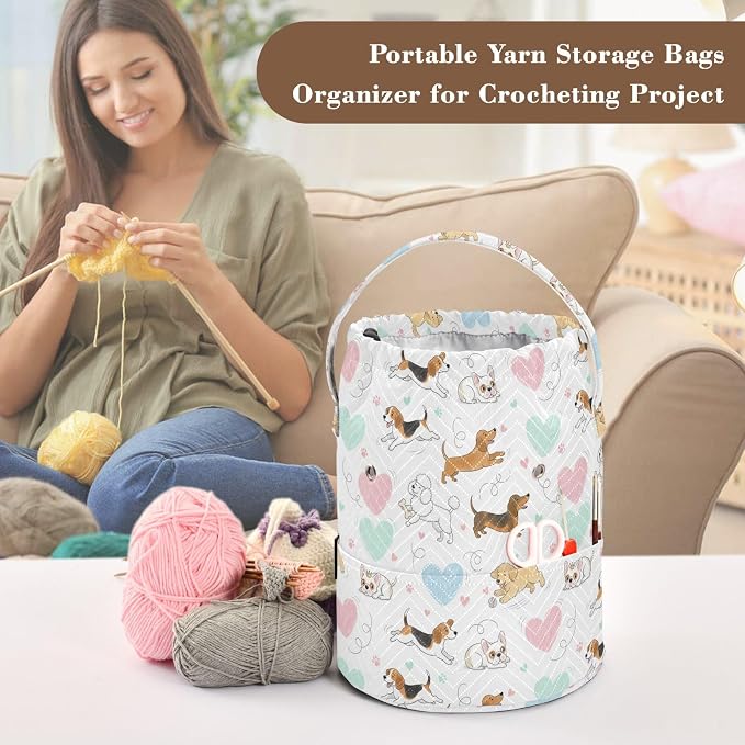 Cute Pets White Dogs Crochet Bag Organizer Portable Yarn Storage Bags with Handle Yarn Holder Small Crochet Accessories Knitting Bag for Knitting Kit Supplies Travel