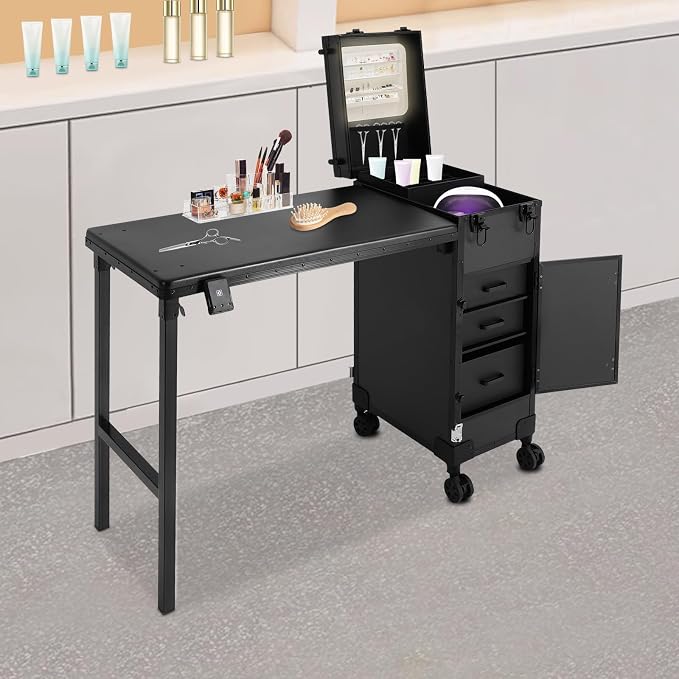 Portable Rolling Travel Nail Desk, Foldable Nail Tables Travel Cosmetic Trolley Storage Organizer with LED Mirror & 3 Drawers for air Stylists Pet Groomers Makeup Artists Salon (Black2)