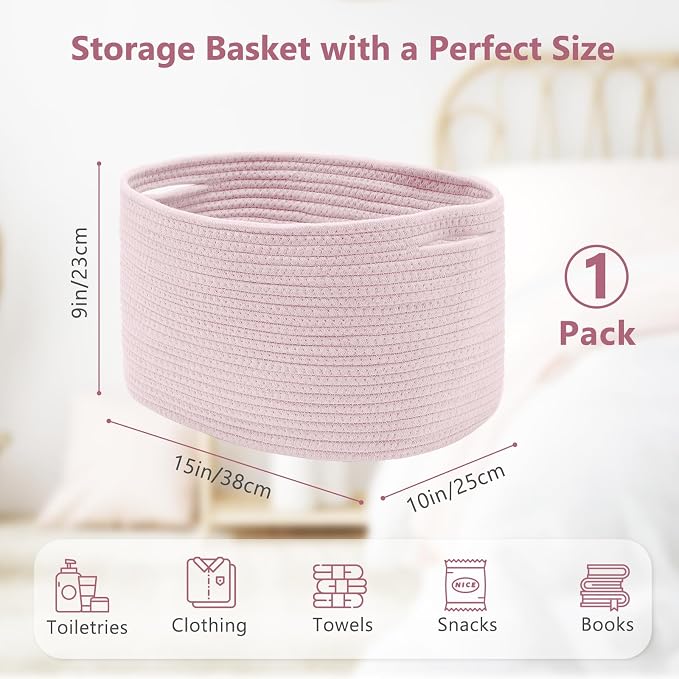 ECDYQXVU 15x10x9 Inch Woven Cotton Rope Storage Basket, 1 Pack | Foldable Design, Built-in Handles, Space-saving Organizer for Living Room, Bedroom, Laundry, Shelves, Clothes, Towels