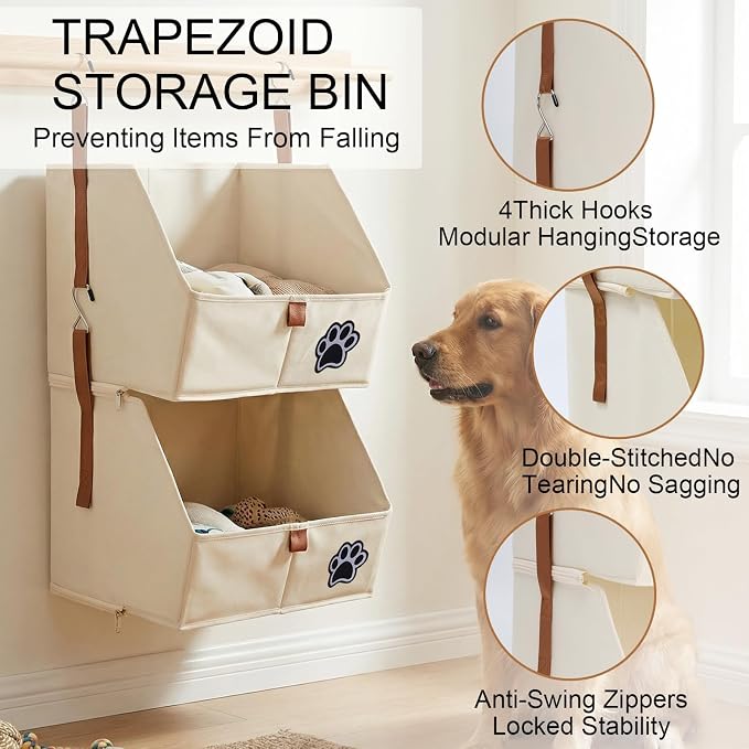 2-Tier Dog Shelves Storage Organizer, Dog Toy Basket, Hanging Closet Organizer for Pet, Fabric Storage Bins Dog Cabinet, Collapsible Baskets for Dog Toys,Collar,Clothes,Blanket -Beige
