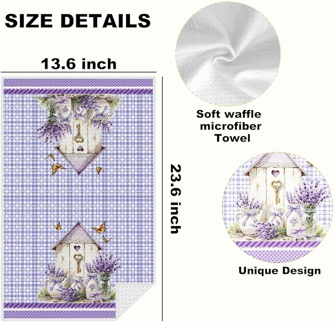 2 Pcs Watercolor Lavender Kitchen Towels, Purple Aesthetic Decorative Absorbent Microfiber Dish Cloth Tea Towel, Checkered Waffle Soft Hand Towels for Farmhouse Home Bathroom Decor, Housewarming Gifts