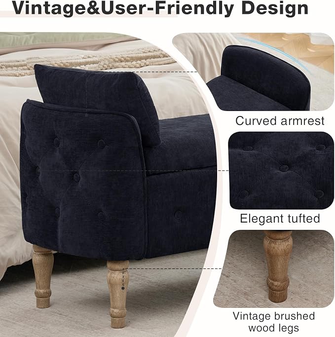 End of Bed Storage Bench Queen Size,51'' Upholstered Bedroom Bench,Black | Linen Storage Bench for Bedroom End of Bed ,2 Cushion, Vintage Wood Legs ,Tufted,Storage Ottoman Bench for Entryway Window