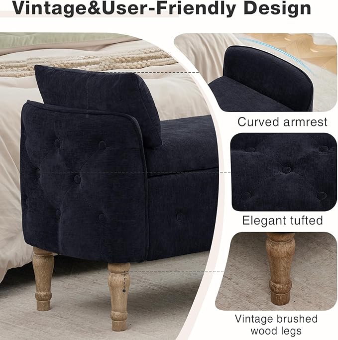 67"End of Bed Storage Bench King Size,Upholstered Bedroom Bench,Black | Linen Storage Bench for Bedroom End of Bed ,2 Cushion, Vintage Wood Legs ,Tufted,Storage Ottoman Bench for Entryway Window