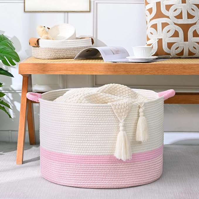 67L Large Blanket Basket, 20"x13" Woven Storage Baskets With Handle, Cotton Rope Blanket Basket Living Room, Baby Laundry hamper for Blanket, Nursery, Toy, Pillow (White & Pink)