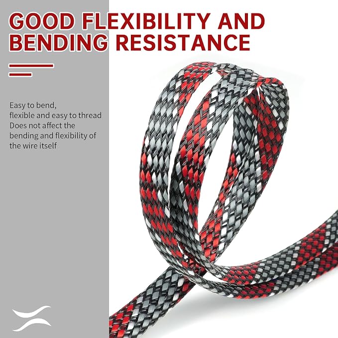 New Braid Sleeve,PP Cotton PET Braided Sleeve Tube Soft Wire Wrap Insulated Cable Protection Line Harness Sheath Daily Household Wire Management (Red Grey White, 12mm (15/32")-49ft)